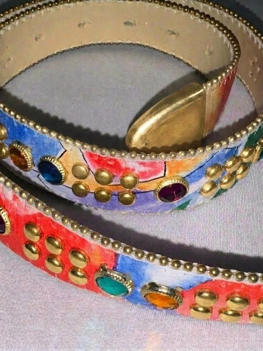 Vintage Rainbow Studded Rhinestone Belt Abstract Brass Buckle